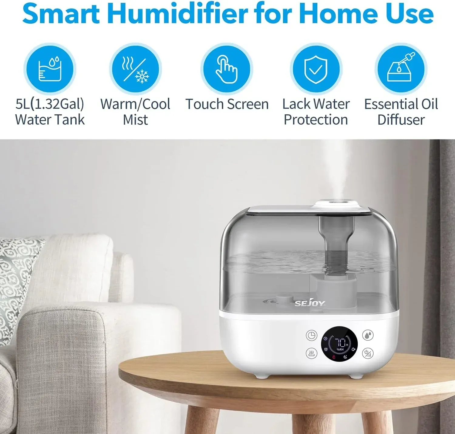 SEJOY 5L Humidifiers for Bedroom Large Capacity Low Noise for Home Office Ultrasonic Mist Humidifier - Image 3