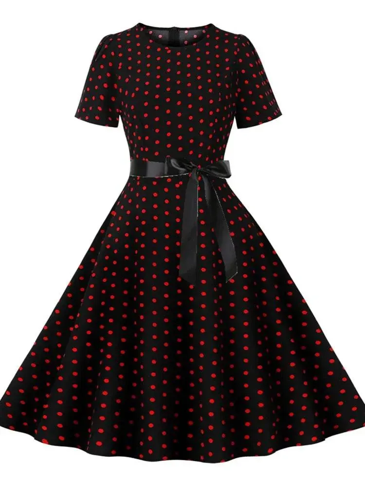 Black White Polka Dot Vintage Dress  Summer Women Floral Print Short Sleeve Retro Robe Rockabilly Dresses Party Jurkjes