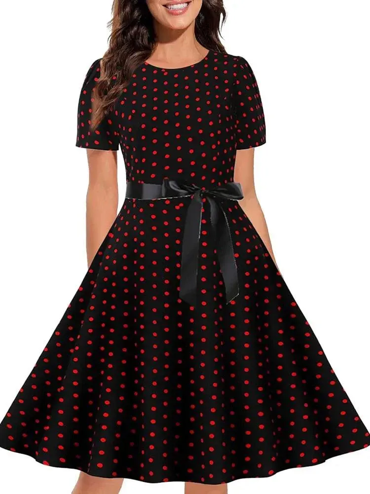 Black White Polka Dot Vintage Dress  Summer Women Floral Print Short Sleeve Retro Robe Rockabilly Dresses Party Jurkjes - Image 2