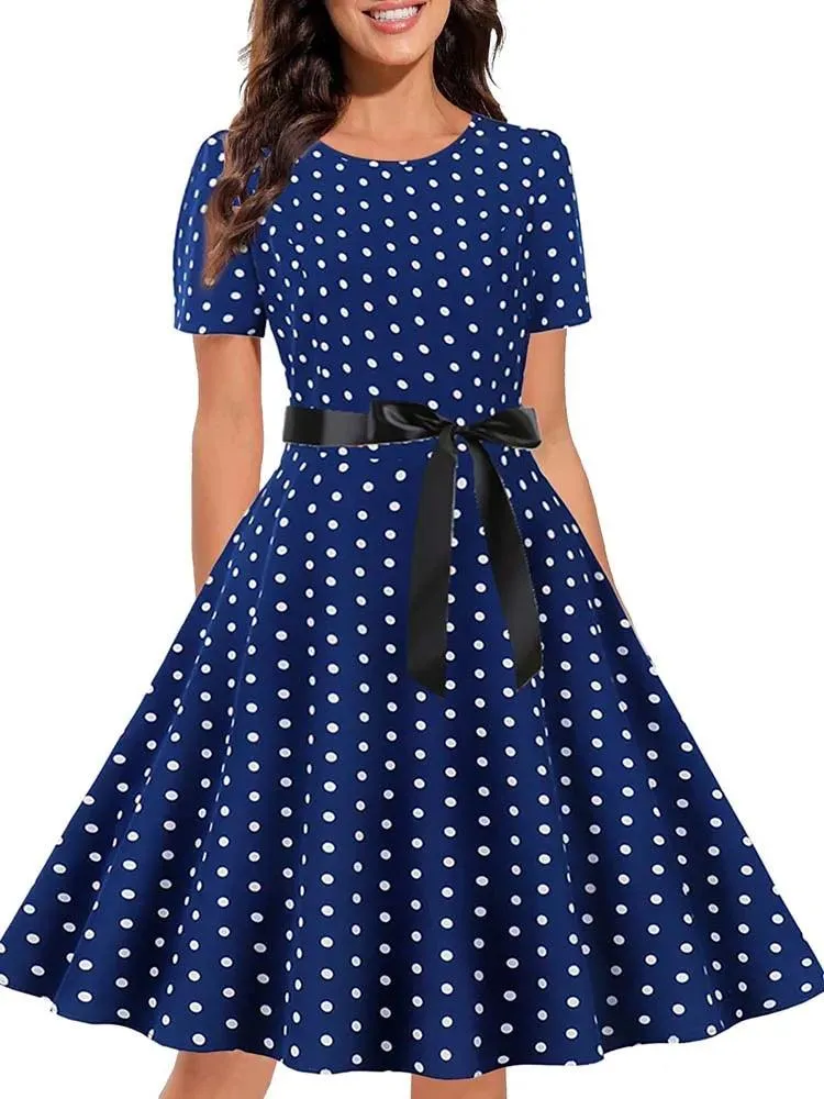 Black White Polka Dot Vintage Dress  Summer Women Floral Print Short Sleeve Retro Robe Rockabilly Dresses Party Jurkjes - Image 3
