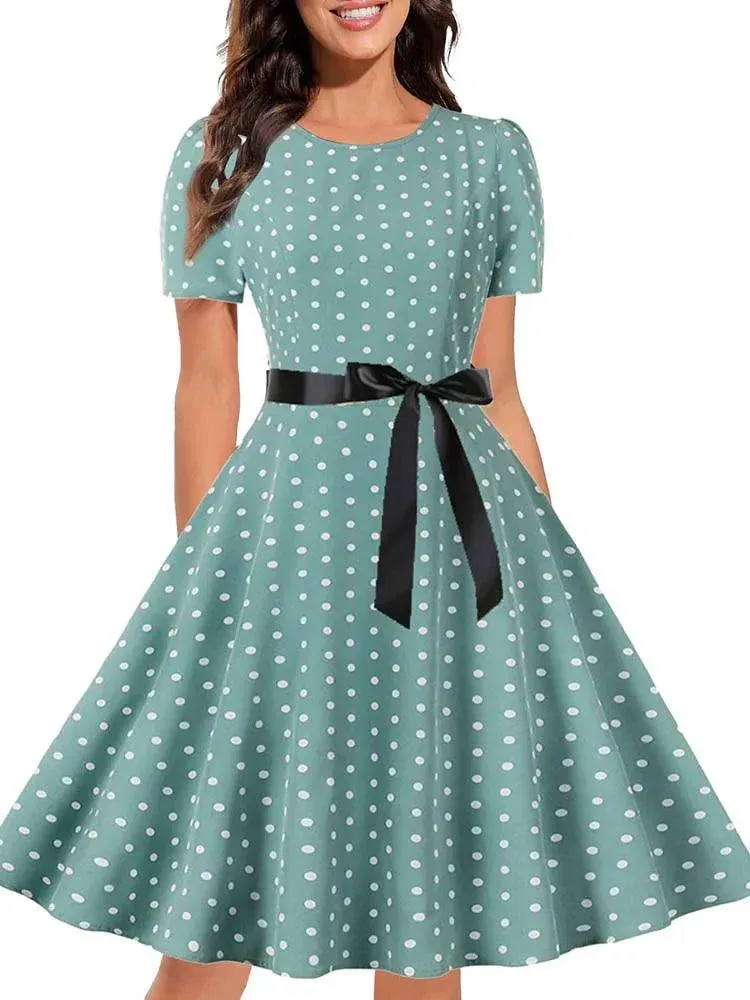 Black White Polka Dot Vintage Dress  Summer Women Floral Print Short Sleeve Retro Robe Rockabilly Dresses Party Jurkjes - Image 4