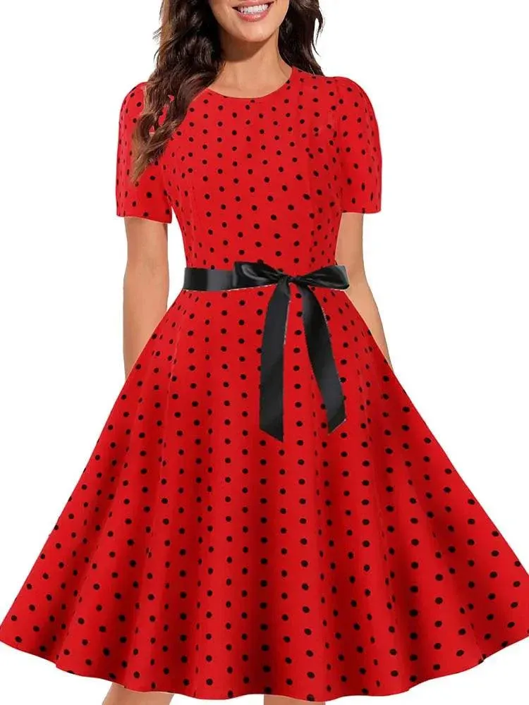 Black White Polka Dot Vintage Dress  Summer Women Floral Print Short Sleeve Retro Robe Rockabilly Dresses Party Jurkjes - Image 5