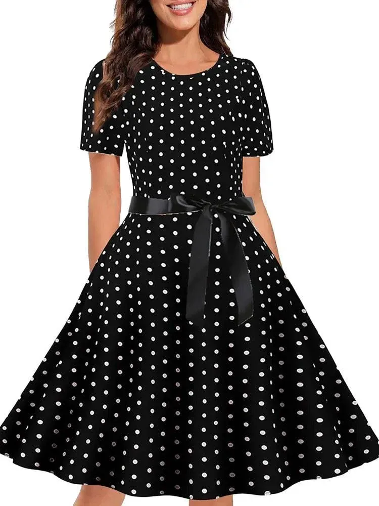 Black White Polka Dot Vintage Dress  Summer Women Floral Print Short Sleeve Retro Robe Rockabilly Dresses Party Jurkjes - Image 6
