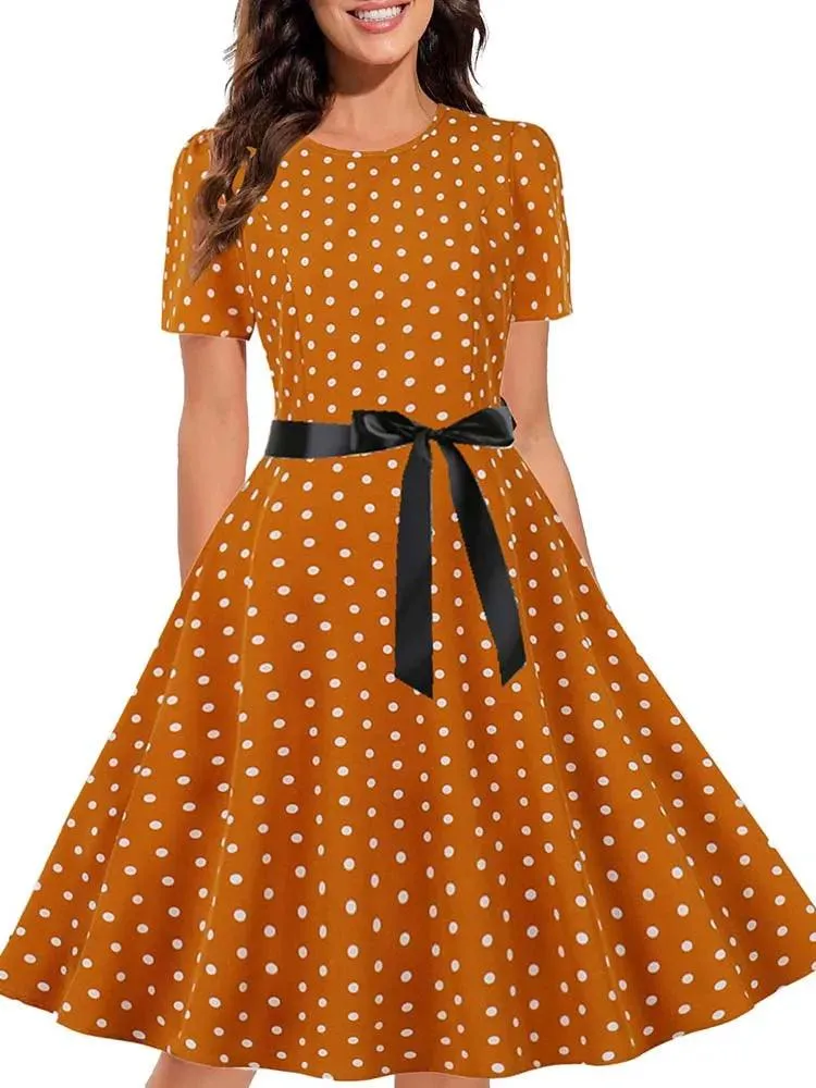 Black White Polka Dot Vintage Dress  Summer Women Floral Print Short Sleeve Retro Robe Rockabilly Dresses Party Jurkjes - Image 7