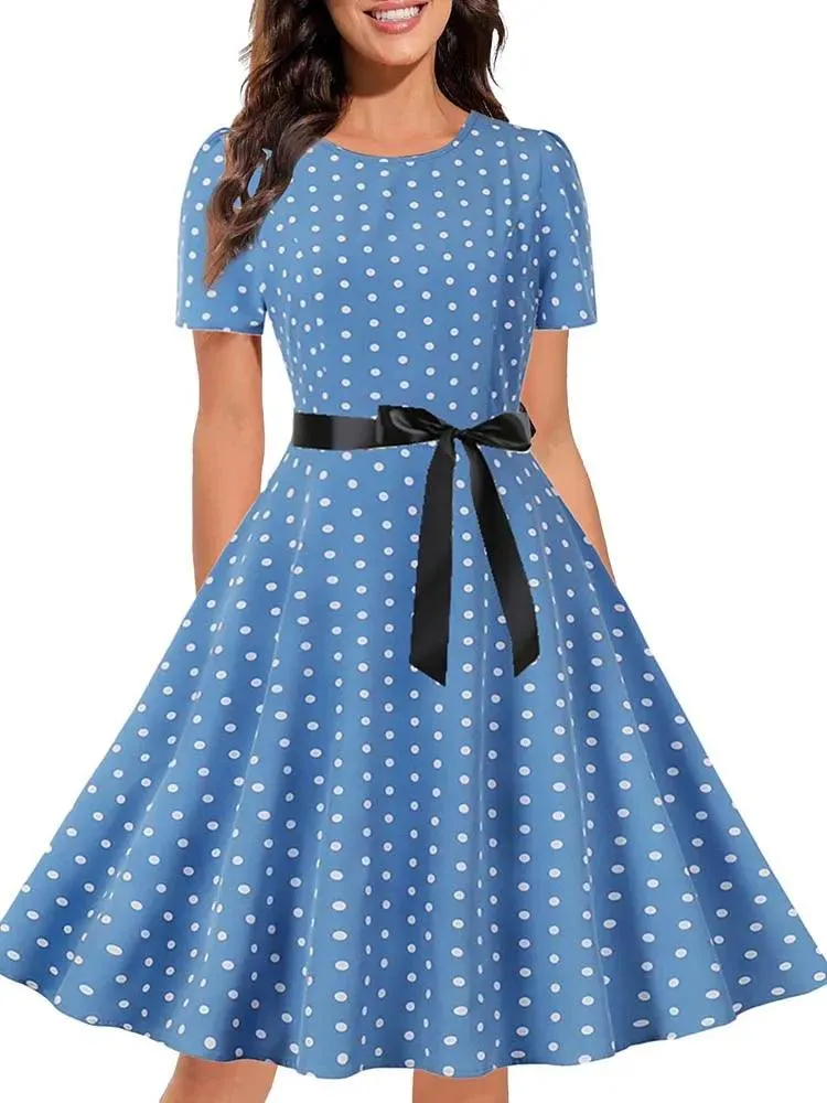 Black White Polka Dot Vintage Dress  Summer Women Floral Print Short Sleeve Retro Robe Rockabilly Dresses Party Jurkjes - Image 8