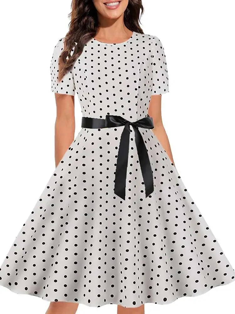Black White Polka Dot Vintage Dress  Summer Women Floral Print Short Sleeve Retro Robe Rockabilly Dresses Party Jurkjes - Image 9