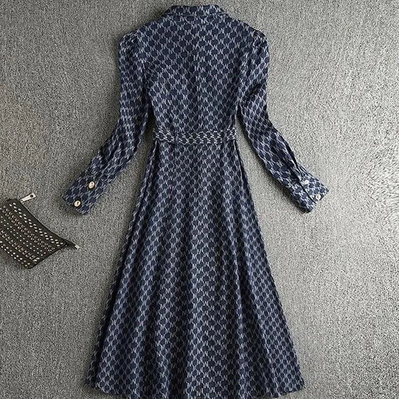Fashion Single-breasted Printed Midi Dress Autumn Korean Vintage Turn-down Collar Belt Denim Spliced Dresses Female Clothing - Image 6