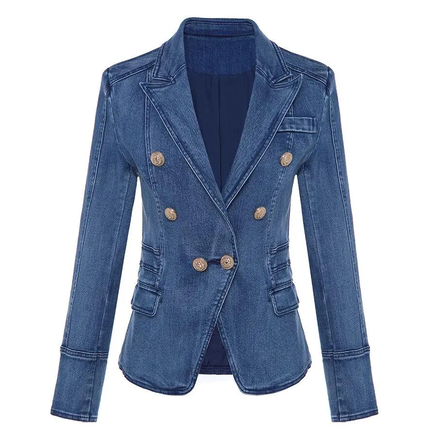 HIGH QUALITY New Fashion 2023 Designer Blazer Women's Metal Lion Buttons Double Breasted Denim Blazer Jacket Outer Coat - Image 7