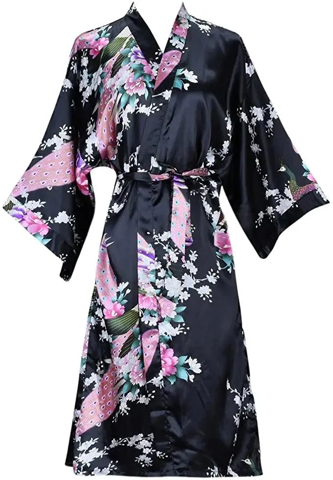 Silk Satin Wedding Bride Bridesmaid Robe Floral Bathrobe Short Kimono Robe Night Robe Bath Robe Fashion Dressing Gown For Women - Image 6
